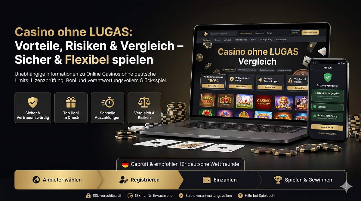Ein hochwertiges SEO-Hero-Image im Schwarz-Gold-Design für ein deutsches Casino-Vergleichsportal mit dem Titel "Casino ohne LUGAS: Vorteile, Risiken & Vergleich". Es zeigt einen Laptop mit einer Casino-Website, ein Smartphone zur Verifizierung und einen vierstufigen Prozessbalken, umgeben von Chips und Spielkarten.